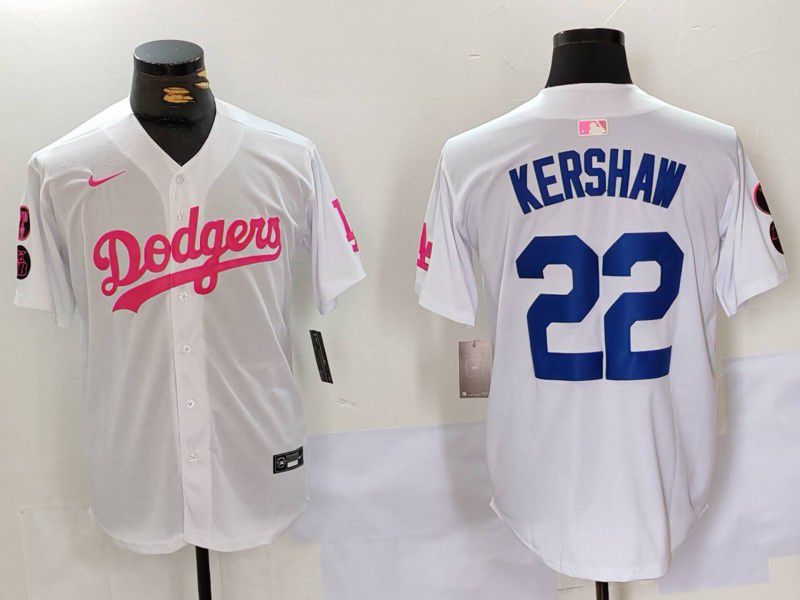 Men Los Angeles Dodgers 22 Kershaw White pink joint name 2024 Nike MLB Jersey style 1